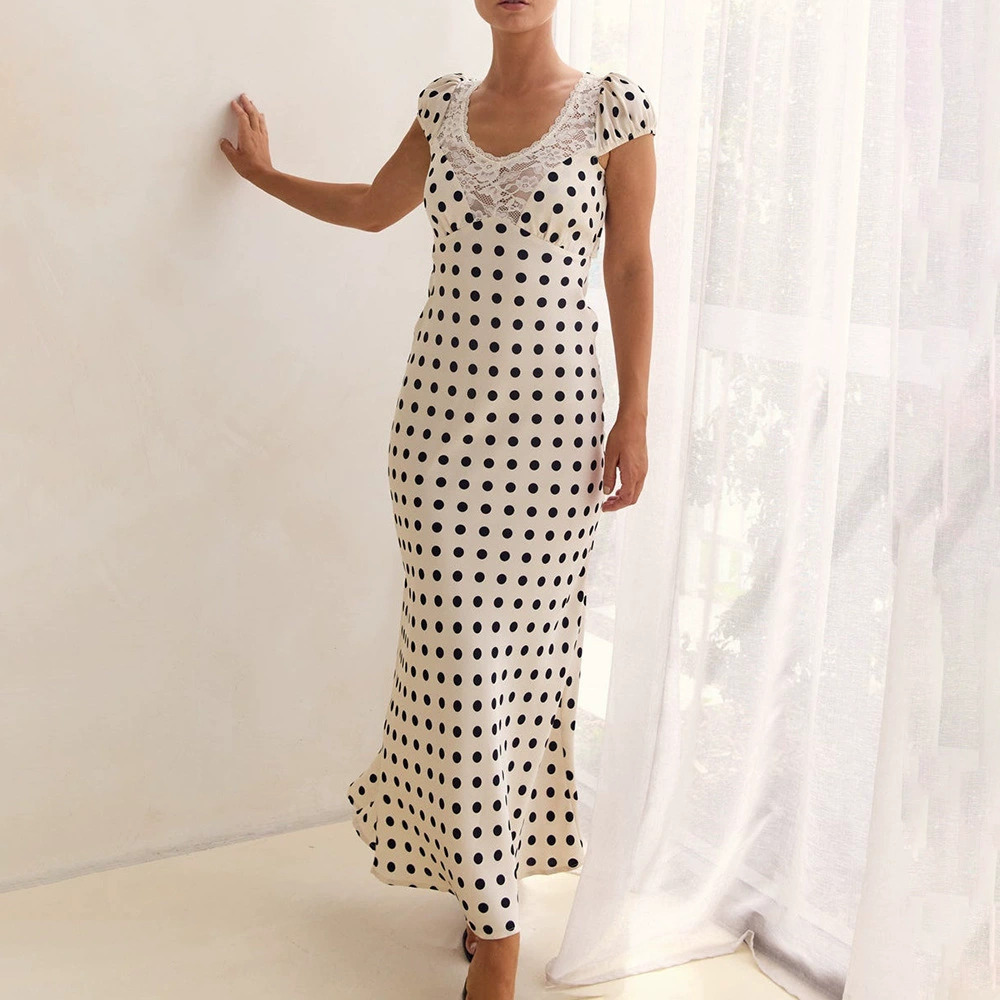 ZARA Elegant Satin Polka Dot Lace Trim Short Sleeve Fitted Maxi Dress for Women